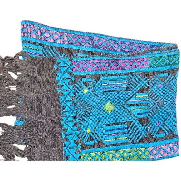 Scarf Handwoven Tribal-Inspired Patterned With Fringe Black, Blue & Pink - Picture 1 of 8